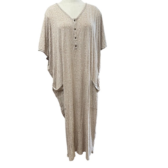 Dwell & Slumber Lounge Dress Caftan M/L Tan Geometric Print Button Front Pockets - Picture 1 of 7